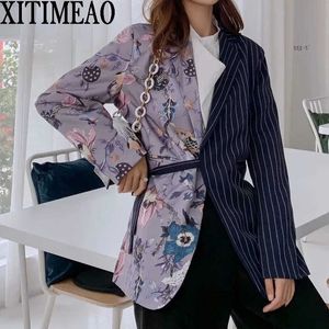 Femmes Mode Office Wear Floral Imprimer Patchwork Blazer Manteau Vintage Poches avec ceinture Femme Vêtements de dessus Chic Tops 210602