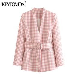 Femmes Mode Bureau Porter avec ceinture Plaid Blazer Manteau Vintage Manches longues Poches Femme Vêtements de dessus Chic Tops 210416