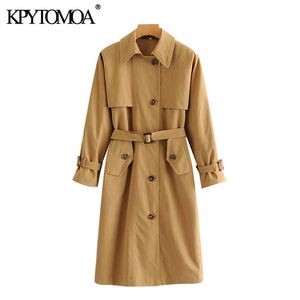 Femmes Mode Bureau Porter Avec Ceinture Trench-Coat Vintage À Manches Longues Poches Bouton-up Femme Survêtement Chic Tops 210416