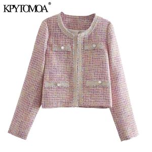 Femmes Mode Patchwork Vérifié Tweed Veste Manteau Vintage Manches Longues Effiloché Garniture Femelle Survêtement Chic Tops 210416