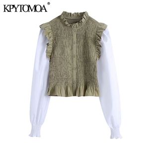 Mujeres Moda Patchwork Smocked Elástico Blusas recortadas Manga larga con volantes Camisas femeninas Tops elegantes 210420