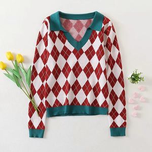 Suéter de punto de gran tamaño a cuadros a la moda para mujer, cuello en V, manga completa, tops con diseño geométrico elegante vintage 210521