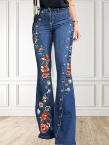 Vrouwen mode gewone knop decor Flare Long Long denim broek Floral Embroidery Ladies High Taille Skinny Bottom Wide Jeans 240423