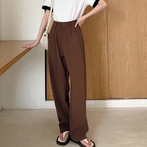 Vrouwen Mode Geplooide Pak Broek Causale Eenvoudige Knop Ontwerp Wijde Pijpen Hoge Taille Rechte Harajuku Kantoor Dame Broek 240319