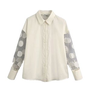 Damesmode Polka Dot Patchwork Blouses Vintage Elegant See Through Sleeve Office Wear Shirts Vrouwelijke chique Tops 210520