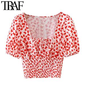 Damesmode Gedrukte bijgesneden blouses Vintage gebonden vierkante kraag bladerdeeg mouw vrouwelijke shirts Blusas chique tops 210507