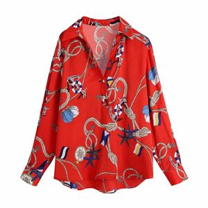 Mujeres Moda Impresión Blusa roja Mujer V Cuello Camisa de manga larga Casual Lady Loose Smock Tops Blusas S8752 210430