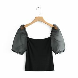 Damesmode Puff Sleeve Patchwork Gebreide Blouse Shirt Dames Streetwear Afslanken Blusas Chic Retro Zwart Tops LJ200831