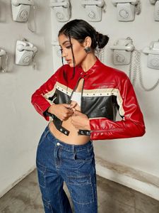 Femmes mode Punk Bikercore Colorblock fermeture éclair clouté détail culture PU cuir Moto veste Y2K printemps court vêtements d'extérieur 240315