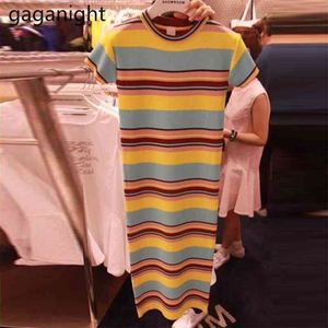 Damesmode Regenboog Gestreepte Gebreide Jurk Zomer Korte Mouw Stretchy Bodycon Robe Chic Koreaanse Lady Vestido 210601