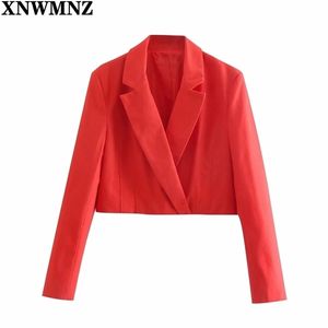 Femmes Mode Mélange de lin rouge Recadrée Blazer Manteau Femme Sexy Col V Manches longues Double boutonnage Top Chic Tops 210520