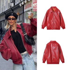 Fashion Fashion Red Pu Leather Bomber Jacket