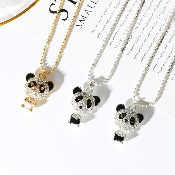 Femmes Mode Strass Mignon Panda Charmes Pendentif Collier Long Chandail Chaîne Bijoux