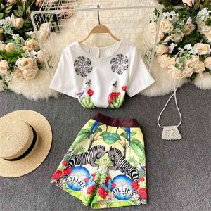 Damesmode Round-necked korte mouw print T-shirt Tops + Hoog getailleerd Wide-poot Shorts Tweedelige sets R730 210527