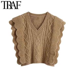 Vrouwen Mode Ruffle Trims Armhole Kabel Gebreide Vest Sweater Vintage V-hals Mouwloze Vrouwelijke vest CHIC TOPS 210507
