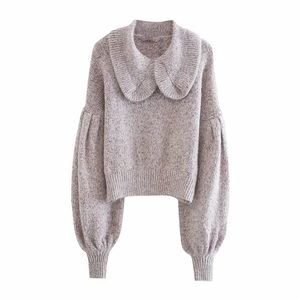 Vrouwen Mode Ruffle Trims Cropped Gebreide Sweater Vintage Peter Pan Collar Lange Mouw Vrouwelijke Pullovers Chic Tops 210520