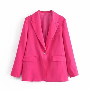 Femmes Mode Satin Élégant Cranté Une Boucle Rose Rouge Costume Veste Vintage Bureau Dames Manches Longues Poches Manteau 210531