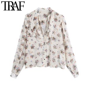 Damesmode semi-enorme bloemenprint met ruches blouses vintage v-hals lange mouw vrouwelijke shirts chique tops 210507