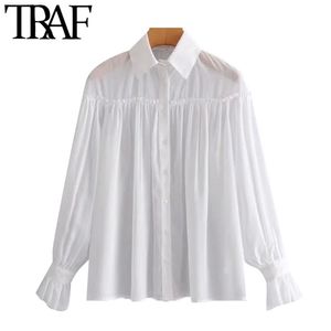 Femmes Mode Semi-Sheer Lâche Blouses Blanches Vintage Manches Longues Bouton-up Chemises Femmes Blusas Chic Tops 210507