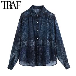 Femmes Mode Semi-Sheer Paisley Imprimer Blouses surdimensionnées Vintage Manches longues Bouton-up Chemises féminines Chic Tops 210507