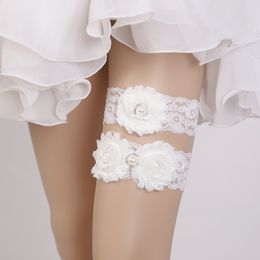 Vrouwen mode sexy elastische satijnen bruids kousenbanden bruiloft bowknot witte parel kanten kousenbanden