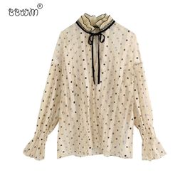 Blusas holgadas de lunares de encaje transparente a la moda para mujer, blusas Vintage con volantes atados con cuello en V, camisas de manga larga, Tops elegantes para mujer 210520