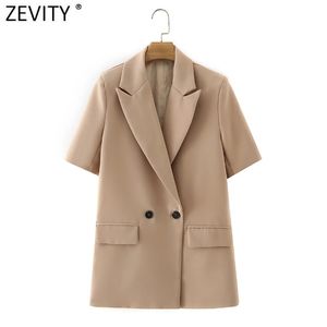 Femmes mode manches courtes ajustement Blazer manteau bureau dames poches costumes décontractés Double boutonnage Chic été hauts CT672 210416