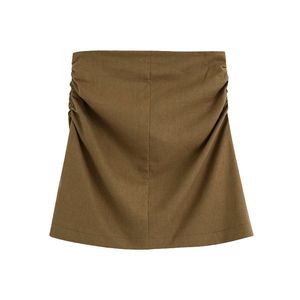Vrouwen mode kant geplooide linnen mini rok vintage hoge taille back rits vrouwelijke rokken faldas mujer 210521