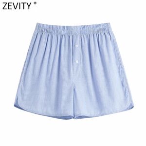 Dames Mode Zakken Gestreepte Print Zomer Shorts Femme Streetwear Chic Elastic Taille Pantalone Cortos P1017 210416