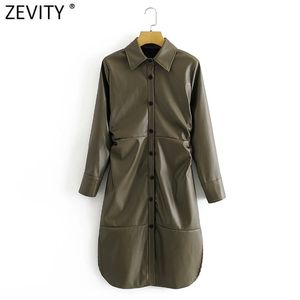 Women Fashion Single Breasted Waist Pleated Shirt Dress Femme Long Sleeve Side Split Faux Leather Slim Vestido DS4878 210416