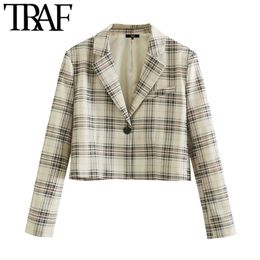 Femmes Mode Bouton unique Recadrée Blazer à carreaux Manteau Vintage Manches longues Welt Poche Femme Vêtements de dessus Chic Tops 210507