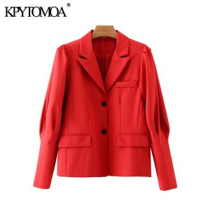 Femmes Mode Simple Bouton Rouge Blazer Manteau Vintage Gigot Manches Poches Femelle Survêtement Chic Tops 210416