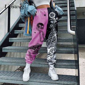 Femmes Mode Crâne Motif Imprimer Patchwork Pantalon Automne Taille Élastique Poche Harajuku Sport Pantalon Casual Streetwear Sweatpant Y211115