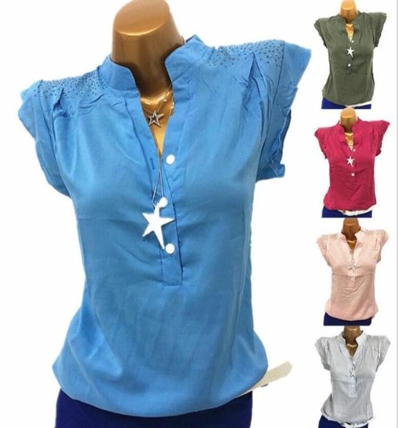 Camisa de gasa con botones sin mangas a la moda para mujer, blusa con cuello levantado y diamantes, Tops y blusas para mujer de talla grande S5Xl8352907