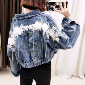 Femmes Mode Slim Court Denim Veste Avec Chaînes Broderie Florale Femme Lâche Jean Manteau Dames Casual Survêtement Femmes Tops Y190827