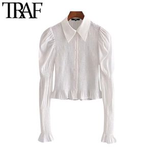 Frauen Mode Gesmokte Elastische Ausgestattet Blusen Vintage Puff Sleeve Button-up Weibliche Shirts Blusas Chic Tops 210507