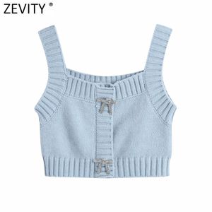 Femmes Mode Solide Couleur Diamant Bow Tricot Sling Pull Femme Basic Spaghetti Strap Court Gilet Chic Crop Tops S655 210416
