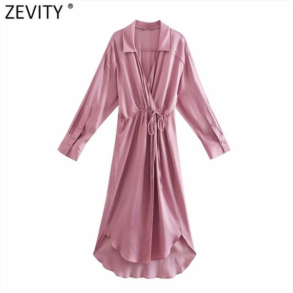 Femmes mode couleur unie plis taille à lacets décontracté chemise ample robe femme Chic à manches longues irrégulière Vestidos DS8143 210416