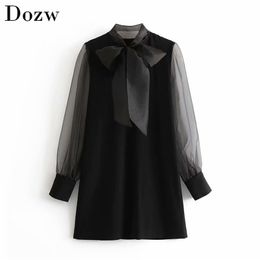 Vrouwen mode solide mini jurk strikje kraag transparant zwart meisje zomer lange mouw casual sundresses ropa mujer 210515