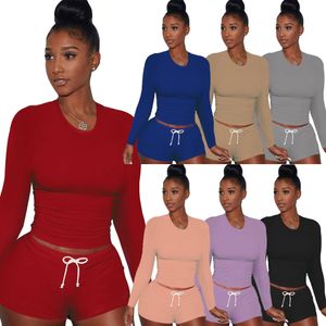 Femmes Fashion Sport Solide Couleur Suit Tracksuit Home À Manches O-Cou Home 2 pièces Ensemble