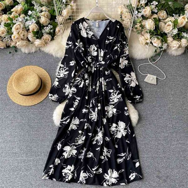 Moda mujer Primavera Otoño Vestido de manga larga Estilo coreano Cuello en V Cintura alta Estampado floral Vintage Beach Holiday Maxi 210603