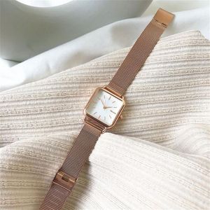 Relojes cuadrados de moda para mujer Diseño minimalista Relojes de pulsera de cuarzo para mujer Ulzzang Reloj con correa de malla de acero inoxidable dorado y plateado 220236t