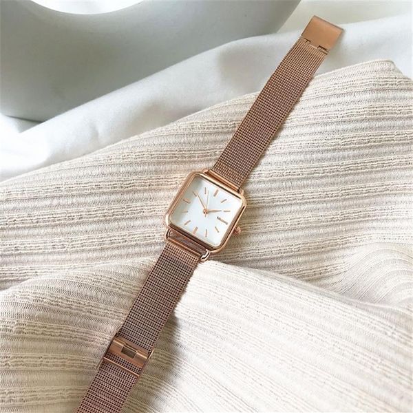 Relojes cuadrados de moda para mujer Diseño minimalista Relojes de pulsera de cuarzo para mujer Ulzzang Reloj con correa de malla de acero inoxidable dorado y plateado 220228R