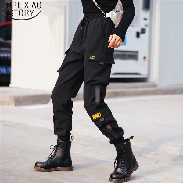 Mujeres Moda Streetwear Cargo Negro Elástico Cintura Joggers Mujer Pantalones sueltos Casual Plus Tamaño Harem Pantalones 12825 210417