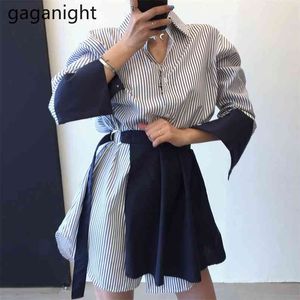 Vrouwen Mode Strip Jurk Lange Mouw Single Breasted Shirt Mini Korte Jurken Chic Koreaanse Losse Vestidos met schort 210601