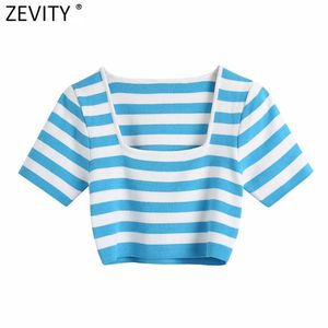 Femmes Mode Striped Print Short Sweater Femelle Collier carré Basique Chic Pullovers Crop Slim Tops SW815 210416