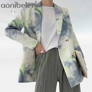 Damesmode Tie-Dye Blazers Jas Vintage Klep Kraag Lange Mouw Zakken Vrouwelijke Bovenkleding Chic Blazer Pakken Tops 210604