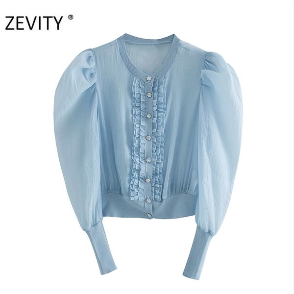 Femmes mode transparent organza patchwork tricoté smock blouse chemises manches bouffantes agaric dentelle blusas hauts LS7170 210420