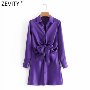 Moda mujer Turn Down Collar Front Bow Tie Satin Slim Shirt Dress Mujer Chic Breasted Casual Mini Vestidos DS8188 210416