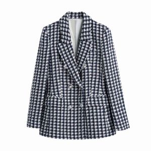 Femmes Mode Tweed Vérifier Double Boutonnage Blazer Plaid Manteau Vintage Bureau Lady Poches Veste Outwear Surdimensionné Chic Tops 210521